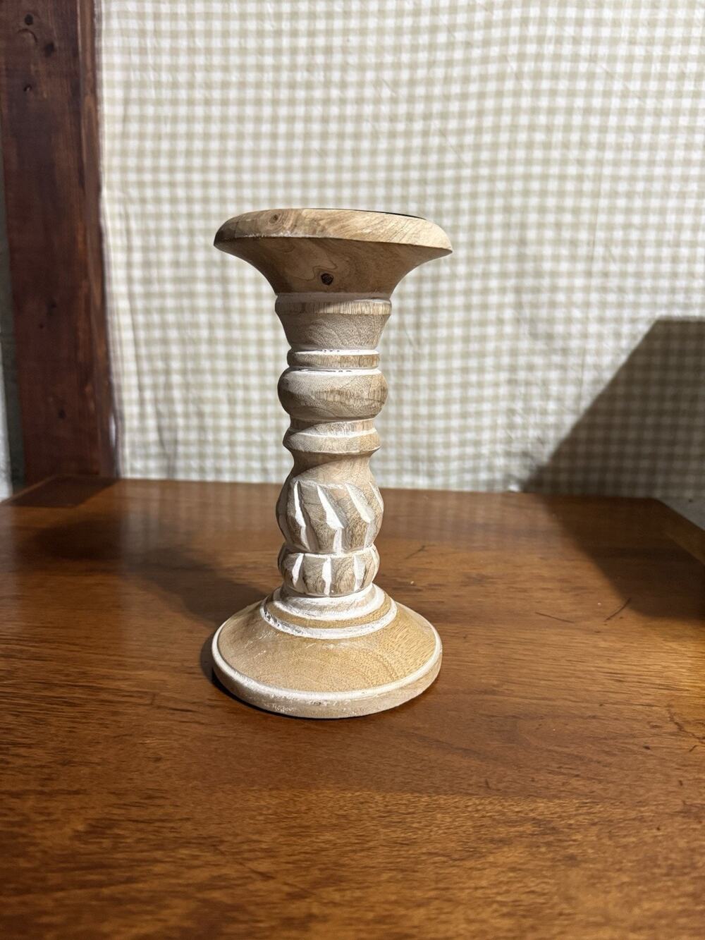 PD Home & Garden Whitewashed Carved Wood Candlestick Holder - 9"